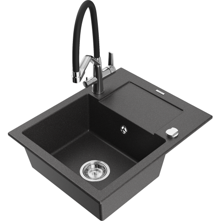 Mexen Enzo 1-bowl granite sink with drainer and Duo kitchen faucet, speckled black - 6506-76-671701-07