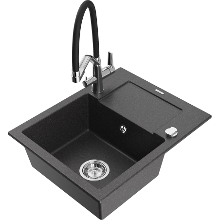 Mexen Enzo granite sink 1-bowl with drainer and Duo kitchen tap, speckled black - 6506-76-671701-07