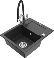 Mexen Enzo 1-compartment granite sink with a drip tray and kitchen mixer tap Duo, Spotted black - 6506-76-671701-07