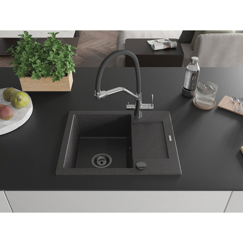 Mexen Enzo granite sink 1-bowl with drainer and Duo kitchen tap, speckled black - 6506-76-671701-07-B