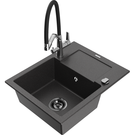 Mexen Enzo granite single-bowl kitchen sink with drainer and Duo kitchen faucet, speckled black - 6506-76-671701-07-B