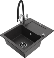 Mexen Enzo granite single-bowl kitchen sink with drainer and Duo kitchen faucet, speckled black - 6506-76-671701-07-B