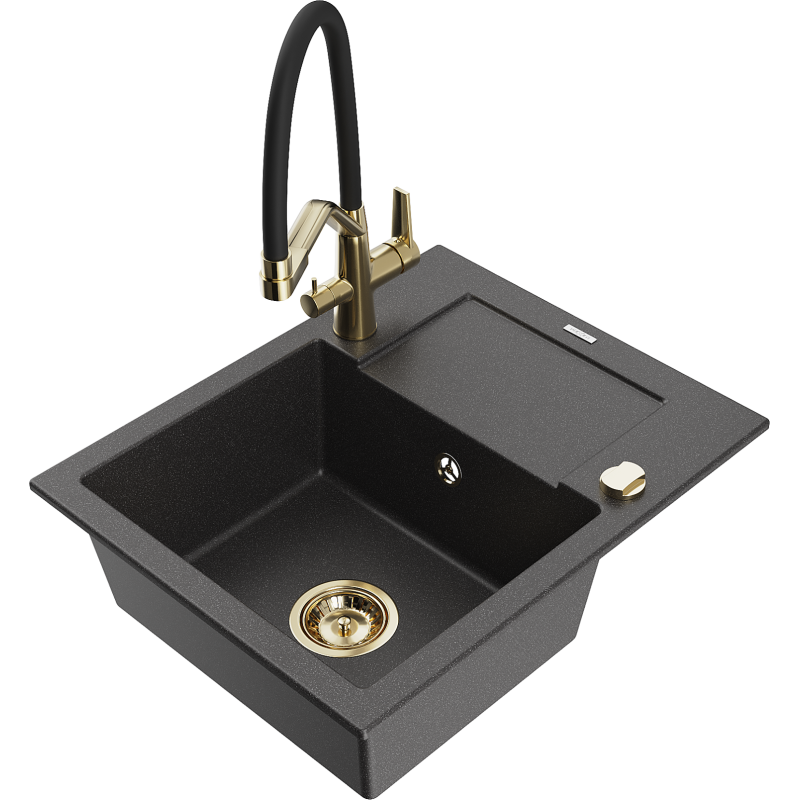Mexen Enzo granite sink 1-bowl with drainer and Duo kitchen tap, speckled black - 6506-76-671701-57-G