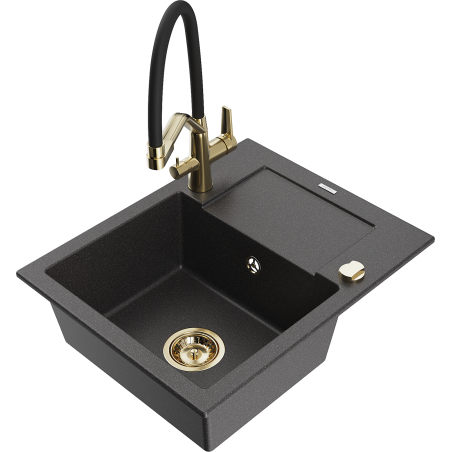 Mexen Enzo 1-bowl granite sink with drainer and Duo kitchen faucet, speckled black - 6506-76-671701-57-G