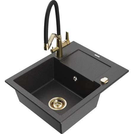 Mexen Enzo granite sink 1-bowl with drainer and Duo kitchen tap, speckled black - 6506-76-671701-57-G