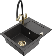 Mexen Enzo granite sink 1-bowl with drainer and Duo kitchen faucet, spotted black - 6506-76-671701-57-G