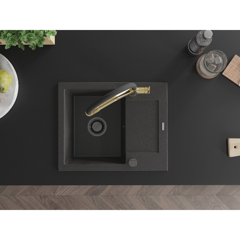 Mexen Enzo granite single-bowl kitchen sink with draining board and Duo kitchen faucet, black speckled - 6506-76-671701-57-B