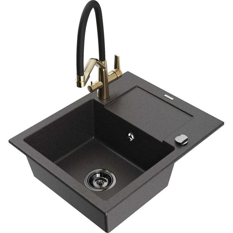 Mexen Enzo granite single-bowl kitchen sink with draining board and Duo kitchen faucet, black speckled - 6506-76-671701-57-B