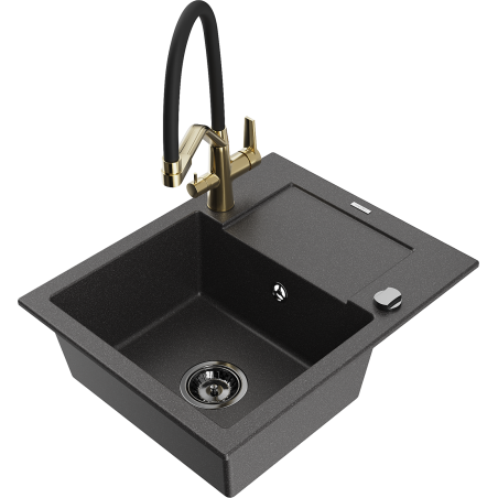 Mexen Enzo granite kitchen sink 1-bowl with drainer and Duo kitchen faucet, spotted black - 6506-76-671701-57-B
