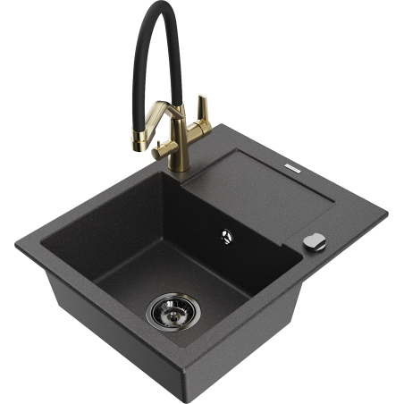 Mexen Enzo granite single-bowl kitchen sink with draining board and Duo kitchen faucet, black speckled - 6506-76-671701-57-B