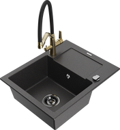 Mexen Enzo granite kitchen sink 1-bowl with drainer and Duo kitchen faucet, spotted black - 6506-76-671701-57-B