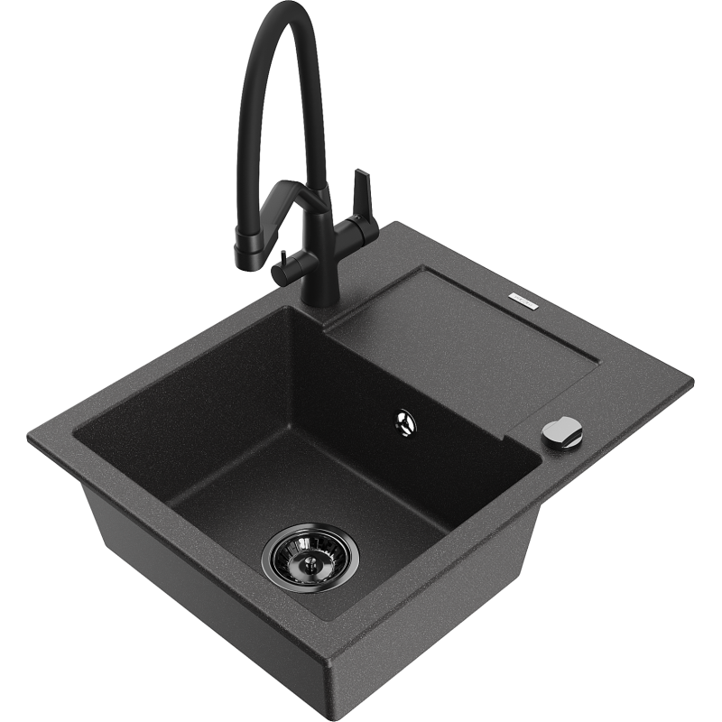 Mexen Enzo 1-bowl granite sink with drainer and Duo kitchen tap, black speckled - 6506-76-671701-70-B
