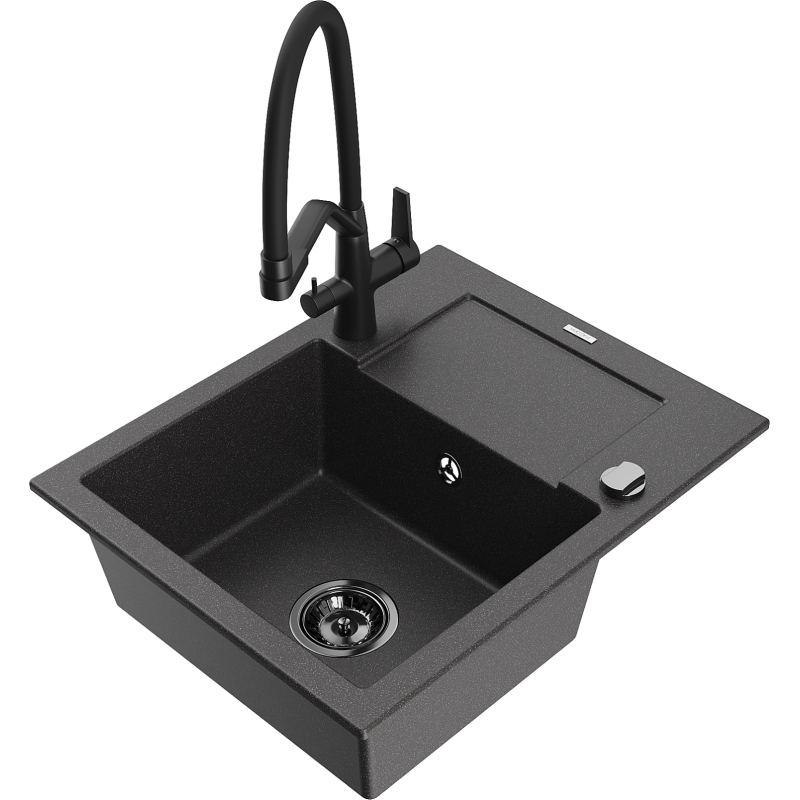Mexen Enzo 1-compartment granite sink with a drip tray and kitchen mixer tap Duo, Spotted black - 6506-76-671701-70-B