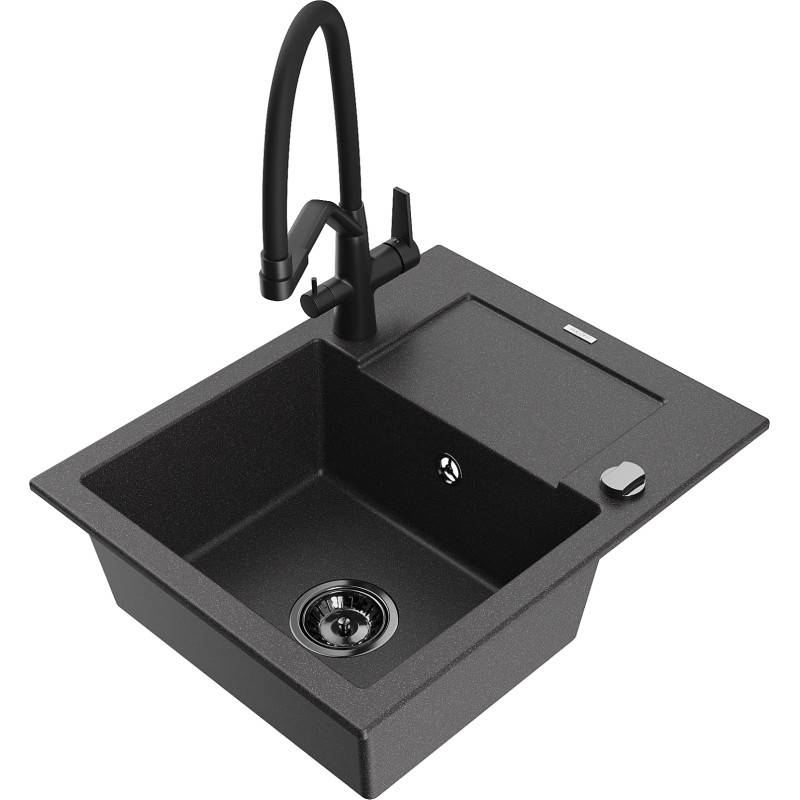 Mexen Enzo granite sink 1-bowl with drainer and Duo kitchen faucet, black speckled - 6506-76-671701-70-B