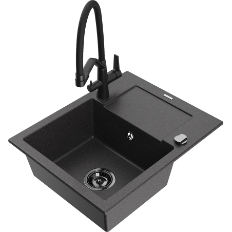 Mexen Enzo granite single-bowl kitchen sink with drainer and Duo kitchen faucet, speckled black - 6506-76-671701-70-B