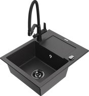 Mexen Enzo granite single-bowl kitchen sink with drainer and Duo kitchen faucet, speckled black - 6506-76-671701-70-B