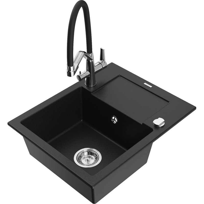 Mexen Enzo 1-Bowl Granite Sink with Drainer and Duo Kitchen Faucet, Black - 6506-77-671701-07