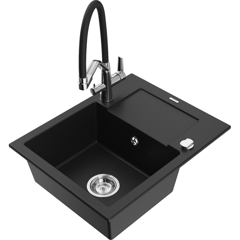 Mexen Enzo 1-compartment granite sink with a drip tray and kitchen mixer tap Duo, Black - 6506-77-671701-07