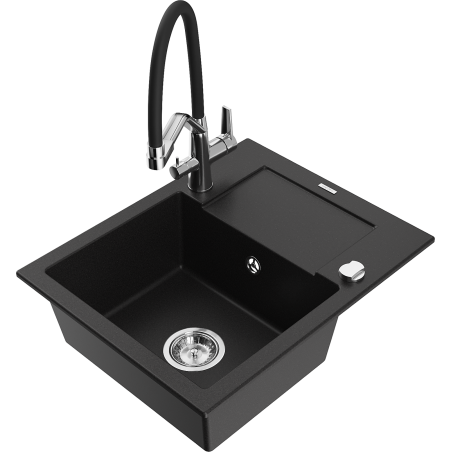Mexen Enzo granite sink 1-bowl with drainer and Duo kitchen tap, black - 6506-77-671701-07