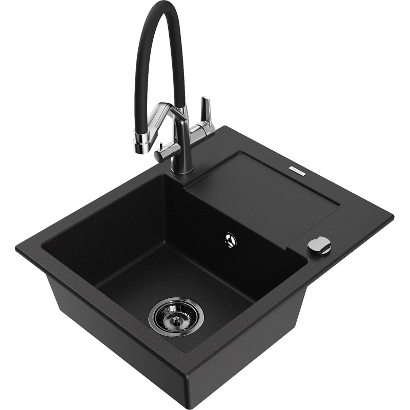 Mexen Enzo 1-bowl granite sink with drainer and Duo kitchen tap, black - 6506-77-671701-07-B