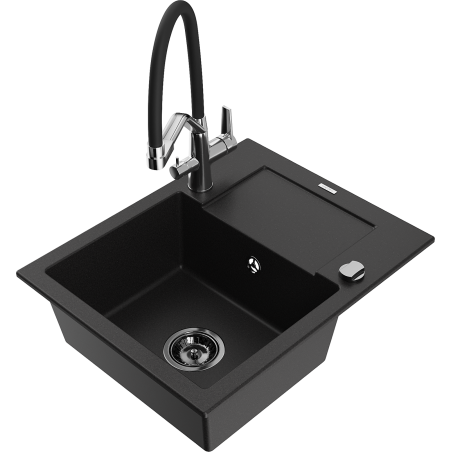 Mexen Enzo 1-bowl granite sink with drainer and Duo kitchen tap, black - 6506-77-671701-07-B