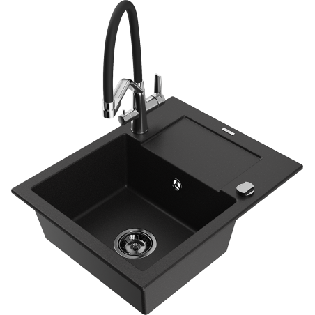 Mexen Enzo granite kitchen sink 1-bowl with drainer and Duo kitchen faucet, black - 6506-77-671701-07-B