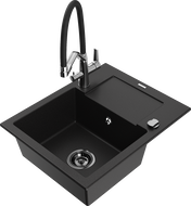 Mexen Enzo 1-bowl granite sink with drainer and Duo kitchen faucet, black - 6506-77-671701-07-B