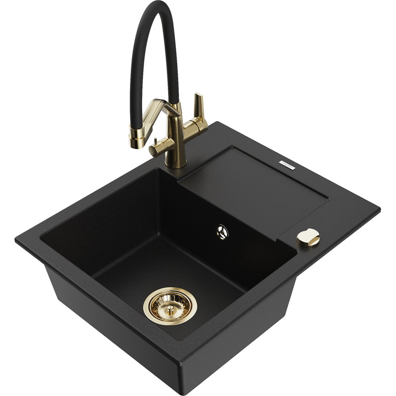 Mexen Enzo granite kitchen sink with one bowl, drainer, and Duo kitchen faucet, black - 6506-77-671701-57-G