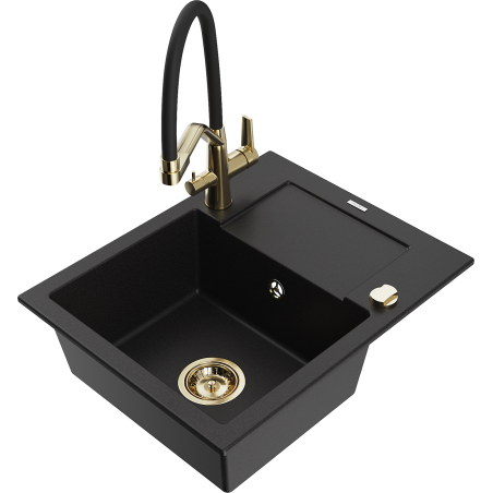 Mexen Enzo granite kitchen sink with one bowl, drainer, and Duo kitchen faucet, black - 6506-77-671701-57-G