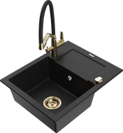 Mexen Enzo granite kitchen sink 1-bowl with drainer and Duo kitchen faucet, black - 6506-77-671701-57-G