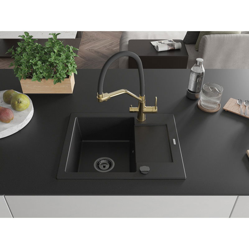 Mexen Enzo granite sink 1-bowl with drainer and Duo kitchen tap, black - 6506-77-671701-57-B