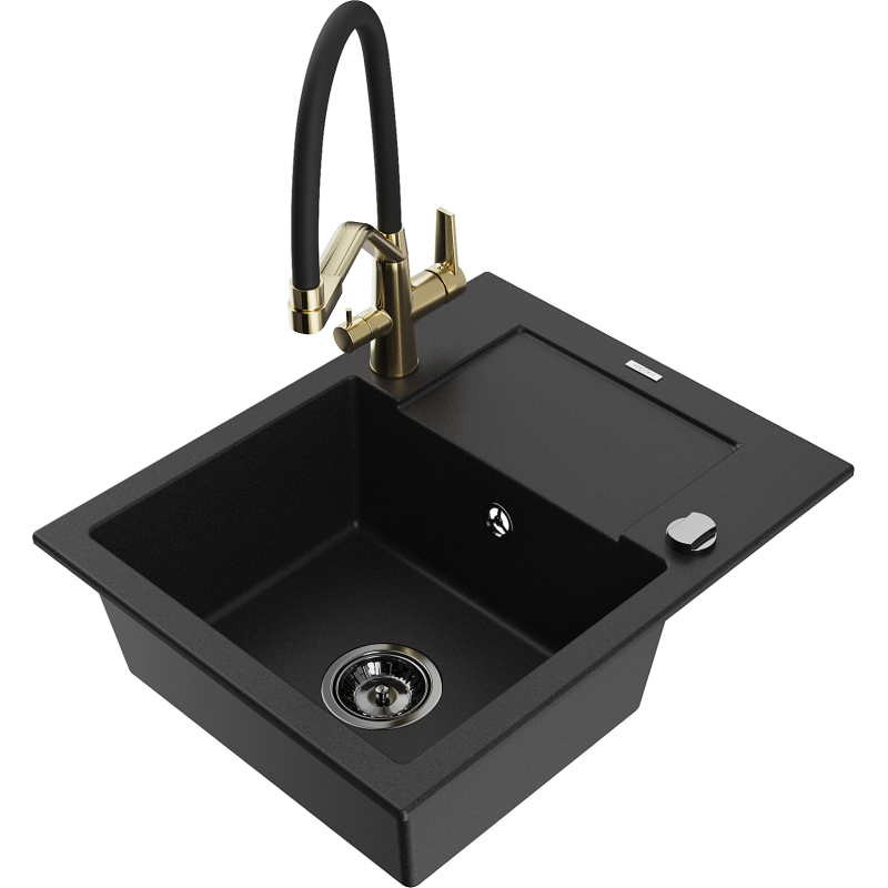 Mexen Enzo granite sink 1-bowl with drainer and Duo kitchen tap, black - 6506-77-671701-57-B
