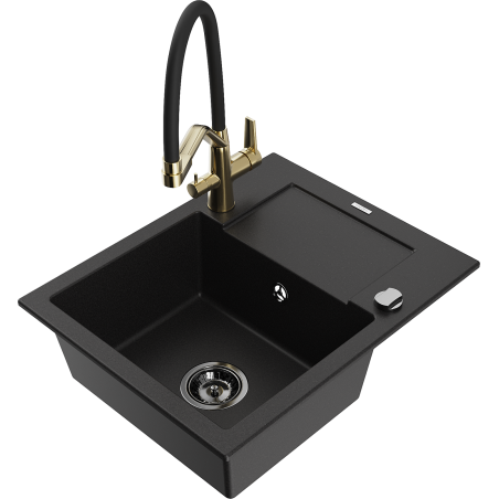 Mexen Enzo granite kitchen sink 1-bowl with drainer and Duo kitchen faucet, black - 6506-77-671701-57-B