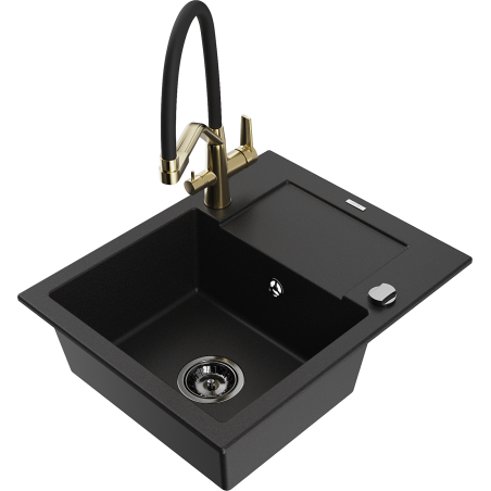 Mexen Enzo granite sink 1-bowl with drainer and Duo kitchen tap, black - 6506-77-671701-57-B