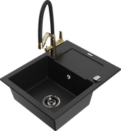 Mexen Enzo granite kitchen sink 1-bowl with drainer and Duo kitchen faucet, black - 6506-77-671701-57-B