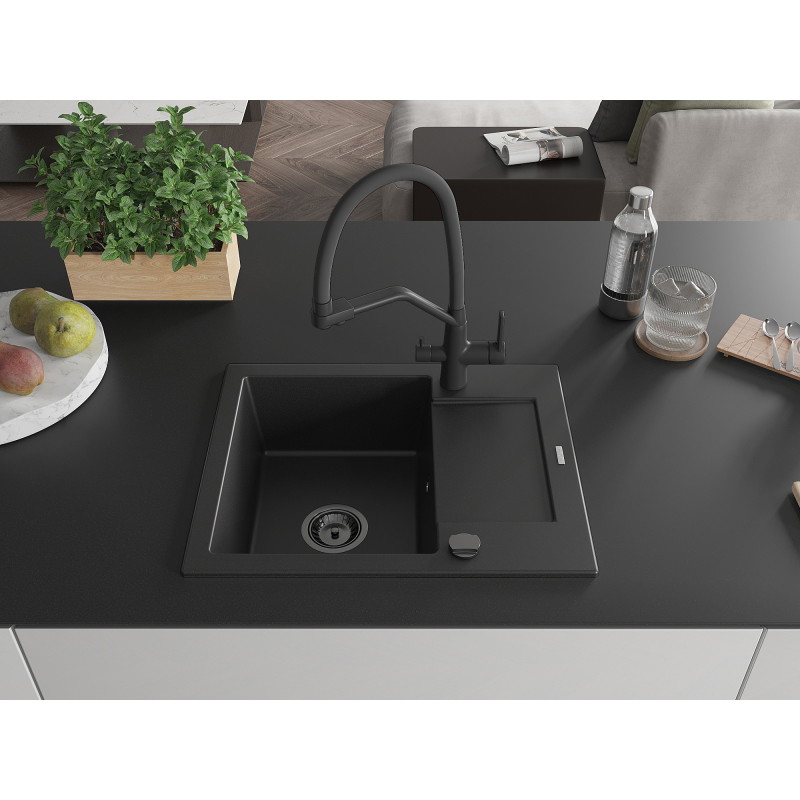 Mexen Enzo granite single-bowl sink with drainer and Duo kitchen faucet, black - 6506-77-671701-70-B