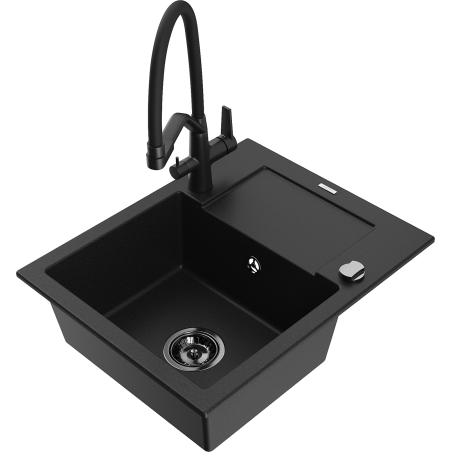 Mexen Enzo granite single-bowl sink with drainer and Duo kitchen faucet, black - 6506-77-671701-70-B