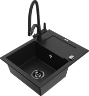 Mexen Enzo granite single-bowl sink with drainer and Duo kitchen faucet, black - 6506-77-671701-70-B