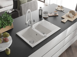 Mexen Gaspar granite sink 1.5-bowl with drainer and Duo kitchen faucet, white - 6507-20-671701-02