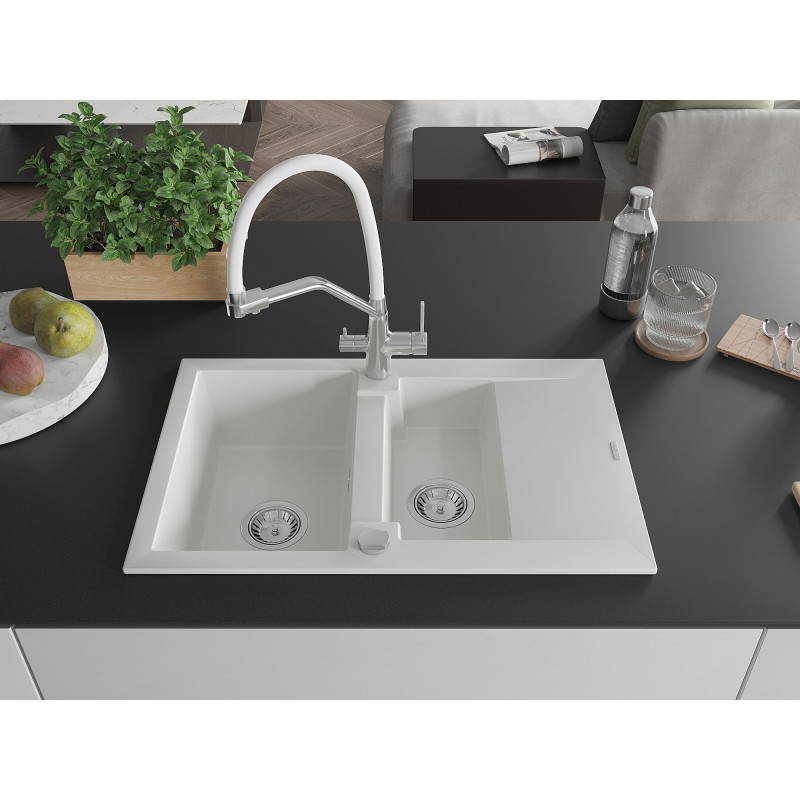 Mexen Gaspar granite sink 1.5-bowl with drainer and Duo kitchen faucet, white - 6507-20-671701-02