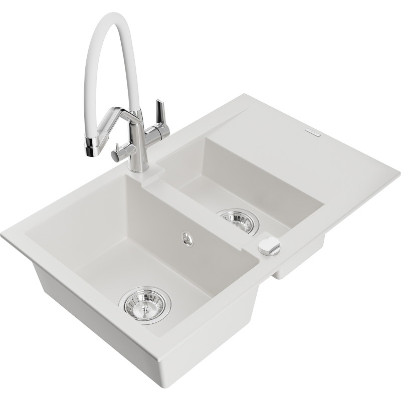 Mexen Gaspar granite sink 1.5-bowl with drainer and Duo kitchen faucet, white - 6507-20-671701-02