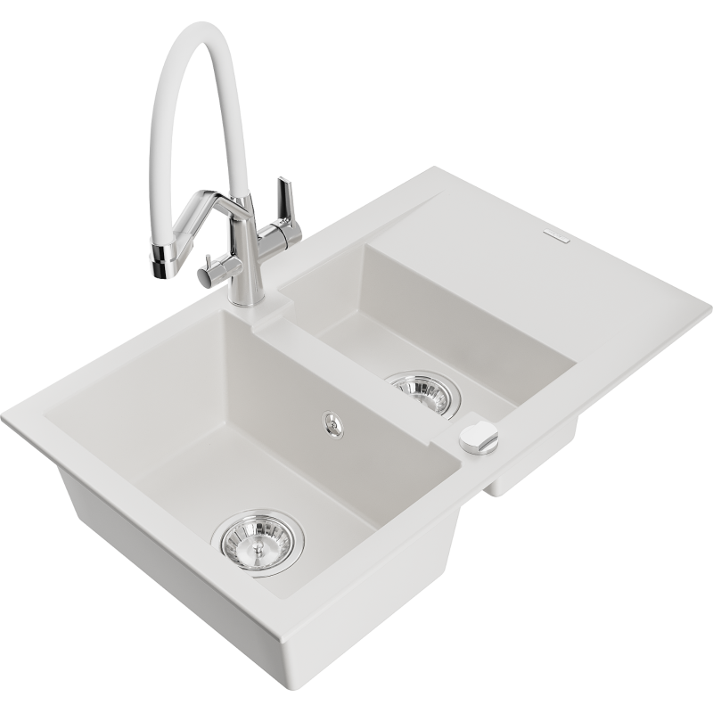Mexen Gaspar granite sink 1.5-bowl with drainer and Duo kitchen tap, white - 6507-20-671701-02
