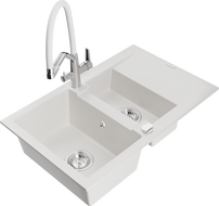 Mexen Gaspar granite sink 1.5-bowl with drainer and Duo kitchen faucet, white - 6507-20-671701-02