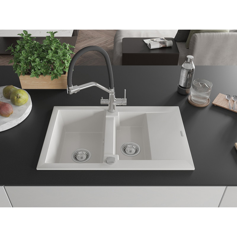 Mexen Gaspar 1.5-bowl granite sink with drainer and Duo kitchen faucet, white - 6507-20-671701-07