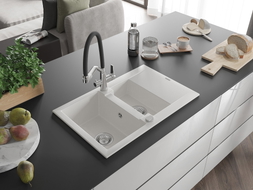 Mexen Gaspar 1.5-bowl granite sink with drainer and Duo kitchen faucet, white - 6507-20-671701-07