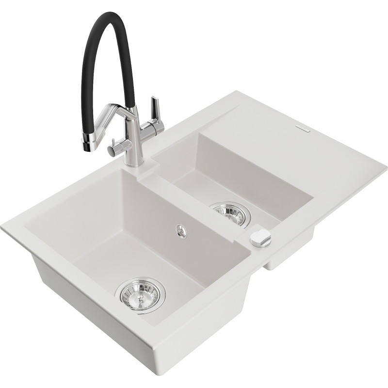 Mexen Gaspar 1.5-bowl granite sink with drainer and Duo kitchen faucet, white - 6507-20-671701-07
