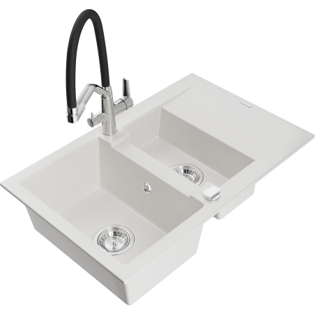 Mexen Gaspar 1.5-bowl granite sink with drainer and Duo kitchen faucet, white - 6507-20-671701-07