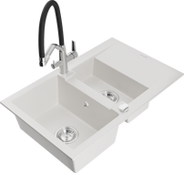 Mexen Gaspar 1.5-compartment granite sink with a drip tray and kitchen mixer tap Duo, white - 6507-20-671701-07
