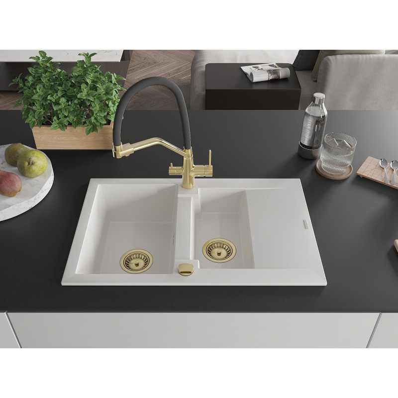 Mexen Gaspar granite sink 1.5-bowl with drainer and Duo kitchen faucet, white - 6507-20-671701-57-G