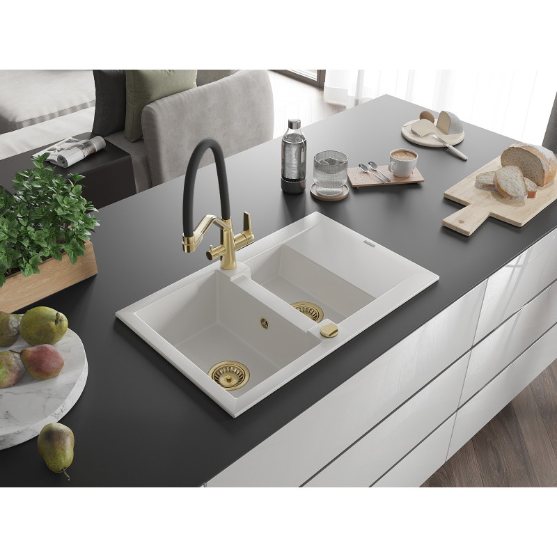 Mexen Gaspar granite sink 1.5-bowl with drainer and Duo kitchen faucet, white - 6507-20-671701-57-G